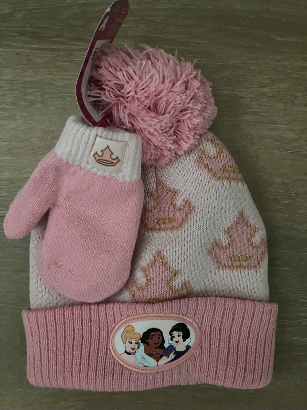 Disney Pink and Gold Princess Pom Beanie with Matching Mittens